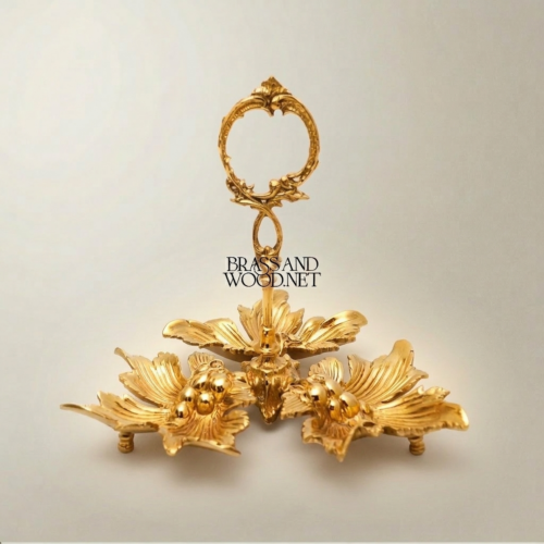 Rococo Handcrafted Brass Ashtray Triple Floral Leaf Basin Scroll Ring Handle Brass and Wood Gold Front | Brass & Wood
