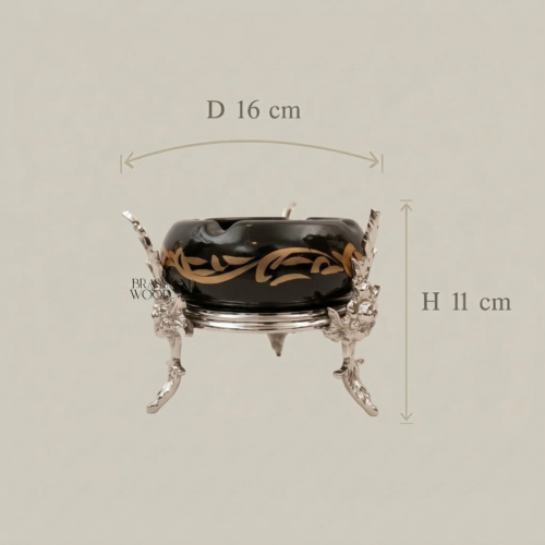 Rococo Brass and Black Ceramic Ashtray Arabesque Motifs Sculptural Foliage Stand Silver Side | Brass & Wood