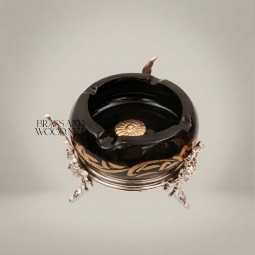 Rococo Brass and Black Ceramic Ashtray Arabesque Motifs Sculptural Foliage Stand Silver Side | Brass & Wood