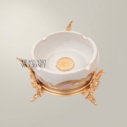 Rococo Brass & Ceramic Ashtray on Ornate Floral Stand