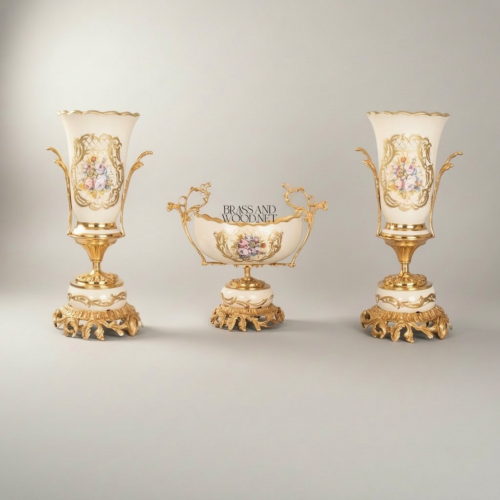 Rococo Three-Piece Brass and Ceramic Garniture Set Hand-Painted Floral Medallion Acanthus Base Brass and Wood Gold Detail | Brass & Wood