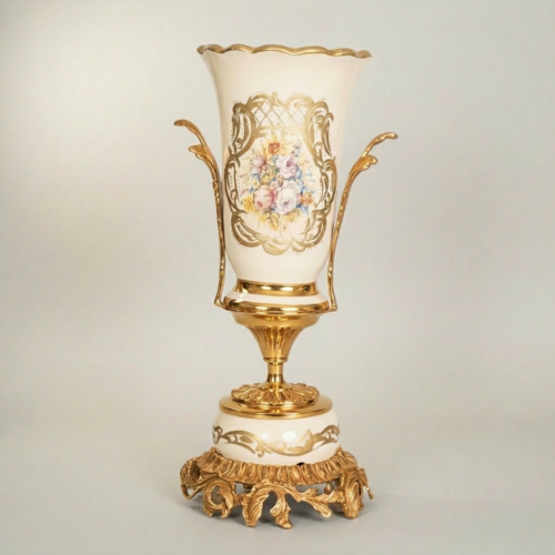Rococo Three-Piece Brass and Ceramic Garniture Set Hand-Painted Floral Medallion Acanthus Base Brass and Wood Gold Detail | Brass & Wood