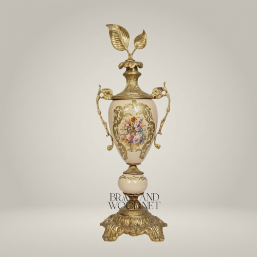 Rococo Brass Ceramic Lidded Trophy Vase Hand-Painted Floral Cartouche Ornate Antique Gold Front | Brass & Wood
