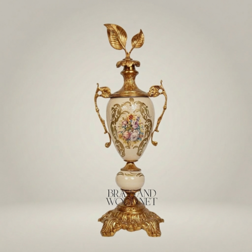 Rococo Brass Ceramic Lidded Trophy Vase Hand-Painted Floral Cartouche Ornate Gold Side | Brass & Wood