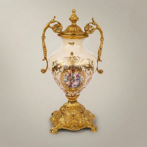 Rococo Brass and Ceramic Lidded Urn Vase with Scroll Handles Floral Medallion and Ornate Gilt Base - Brass & Wood Gold Front | Brass & Wood