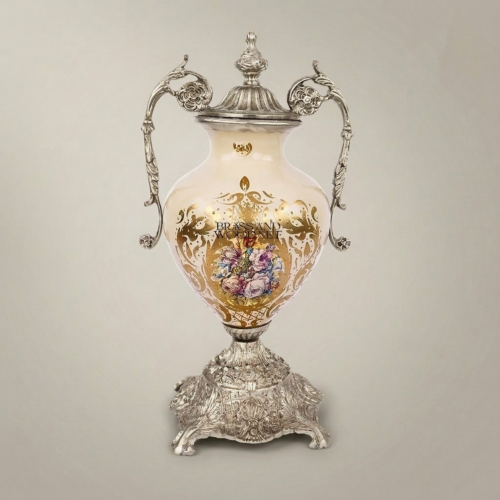 Rococo Brass and Ceramic Lidded Urn Vase with Scroll Handles Floral Medallion and Ornate Gilt Base - Brass & Wood Silver Front | Brass & Wood