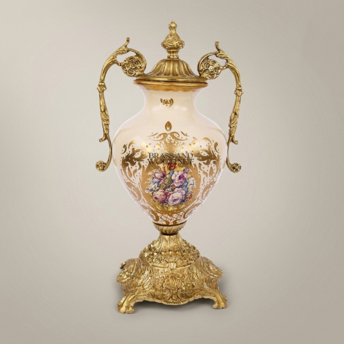 Rococo Brass and Ceramic Lidded Urn Vase with Scroll Handles Floral Medallion and Ornate Gilt Base - Brass & Wood Antique Gold Front | Brass & Wood