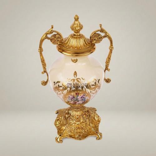 Rococo Brass and Ceramic Lidded Urn Vase with Scroll Handles Floral Medallion and Ornate Gilt Base - Brass & Wood Gold Front | Brass & Wood
