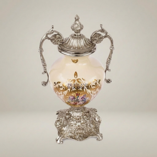 Rococo Brass and Ceramic Lidded Urn Vase with Scroll Handles Floral Medallion and Ornate Gilt Base - Brass & Wood Silver Front | Brass & Wood