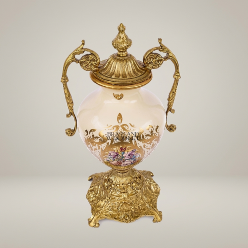 Rococo Brass and Ceramic Lidded Urn Vase with Scroll Handles Floral Medallion and Ornate Gilt Base - Brass & Wood Antique Gold Front | Brass & Wood