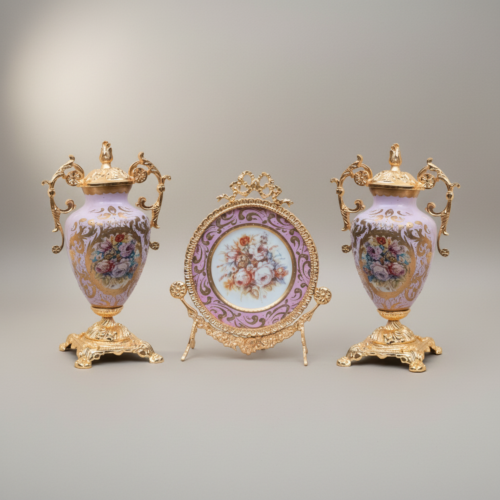 Rococo Brass and Ceramic Lidded Urn Vase Set with Floral Medallion Twin Urns and Display Plate Gold Back | Brass & Wood