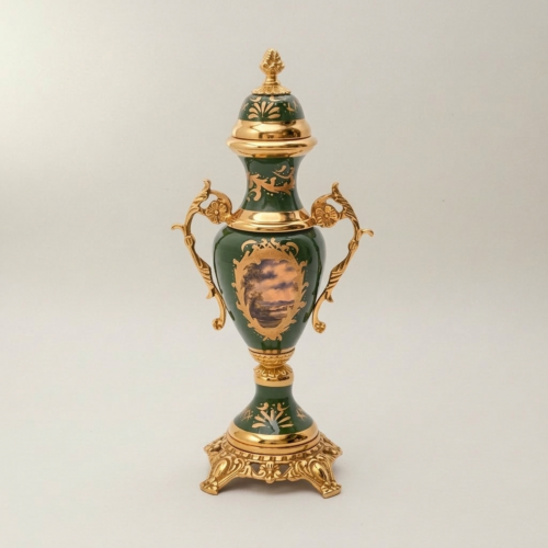 Rococo Brass and Ceramic Lidded Urn Vase Set with Pedestal Bowl Forest Green Medallion Panels Gold Side | Brass & Wood