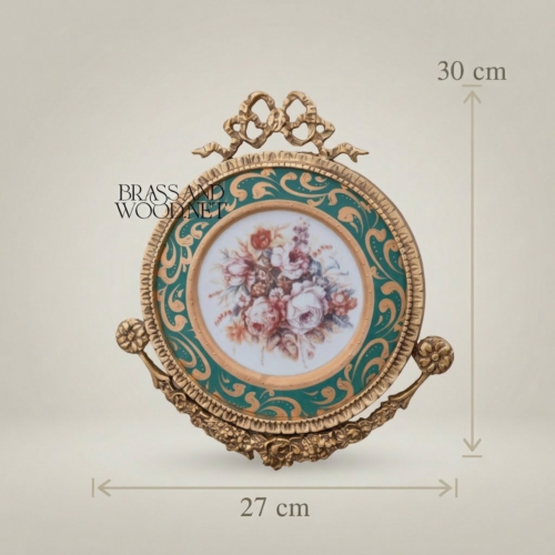 لوحة جدارية دائرية من النحاس والسيراميك على طراز الروكوكو - باقة زهور فيروزية بتاج شريطي - Antique Gold