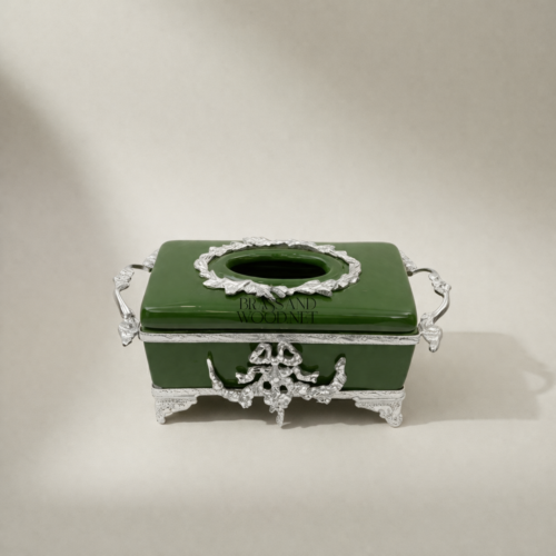 Rococo Brass Ceramic Tissue Box Holder Green Acanthus Scrollwork Ornate Frame silver Front | Brass & Wood