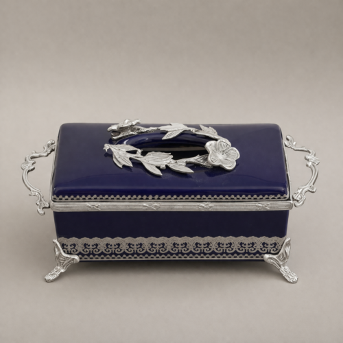 Rococo Brass and Navy Blue Ceramic Tissue Box with Floral Wreath Lid and Ornate Metal Frame silver Front | Brass & Wood