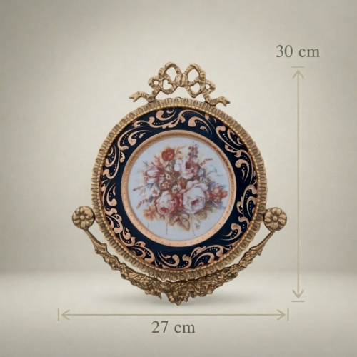 لوحة جدارية نحاسية على طراز الروكوكو بميدالية خزفية زهرية كوبالت وتاج ريبون - Antique Gold