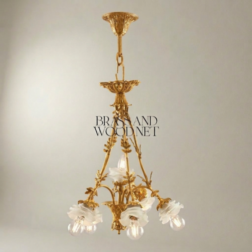 Rococo Brass Five-Light Chandelier Floral Frosted Glass Shades Handcrafted Brass and Wood Gold Front | Brass & Wood