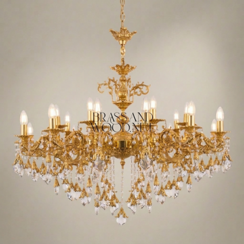 Rococo Heavily Ornate Brass Crystal 15-Arm Grand Chandelier Cascading Crystal Drops Brass and Wood Gold Front | Brass & Wood