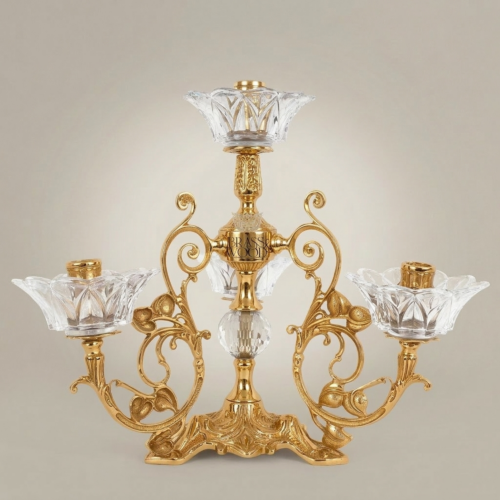 Rococo Brass Crystal 4-Arm Candelabra Acanthus Scroll Ornate Frame Gold Front | Brass & Wood