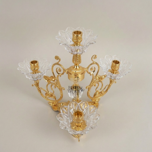 Rococo Brass Crystal 4-Arm Candelabra Acanthus Scroll Ornate Frame Gold Front | Brass & Wood