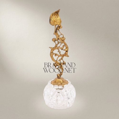 Rococo Handcrafted Brass Foliate Stem Crystal Globe Ashtray Classic European Gold Front | Brass & Wood