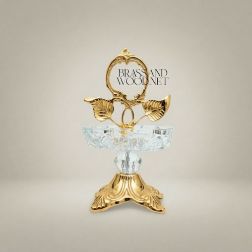 Rococo Brass Crystal Ashtray Stand Leaf Crown Faceted Sphere Ornate Classical Gold Front | Brass & Wood