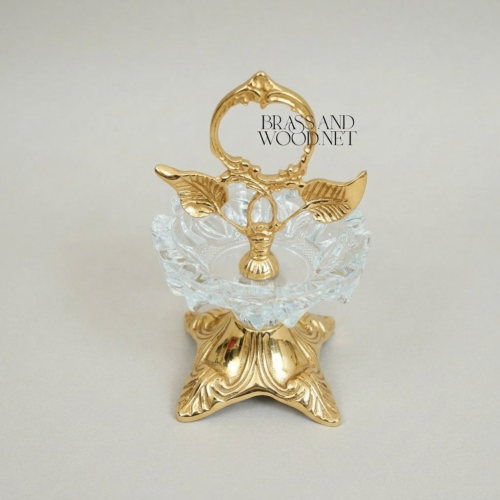 Rococo Brass Crystal Ashtray Stand Leaf Crown Faceted Sphere Ornate Classical Gold Front | Brass & Wood