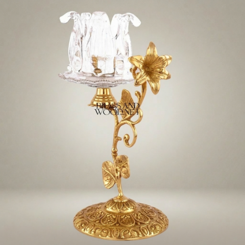 Rococo Brass Crystal Candle Holder Floral Stem Engraved Base Gold Front | Brass & Wood