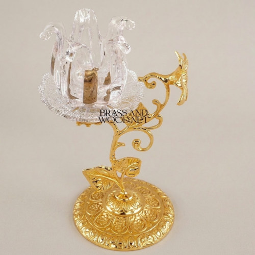 Rococo Brass Crystal Candle Holder Floral Stem Engraved Base Gold Front | Brass & Wood