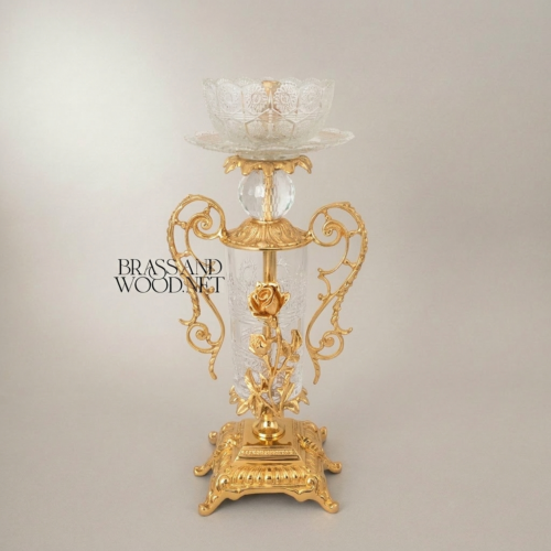 Rococo Brass Crystal Candlestick Rose Column Scroll Handles Ornate Gold Front | Brass & Wood