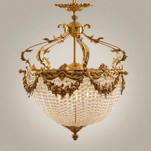 Rococo Brass Crystal Empire Chandelier Rose Garland Crown Ornate Basket Gold Front | Brass & Wood