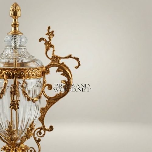 Rococo Brass Crystal Lidded Urn Vase Ornate Scrolled Acanthus Handles Finial Gold Front | Brass & Wood