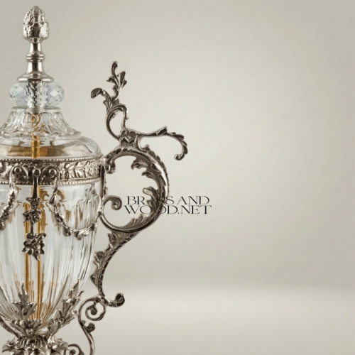 Rococo Brass Crystal Lidded Urn Vase Ornate Scrolled Acanthus Handles Finial Silver Front | Brass & Wood