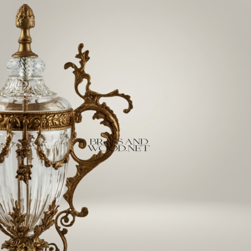 Rococo Brass Crystal Lidded Urn Vase Ornate Scrolled Acanthus Handles Finial Antique Gold Front | Brass & Wood
