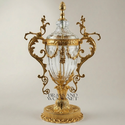 Rococo Brass Crystal Lidded Urn Vase Ornate Scrolled Acanthus Handles Finial Gold Front | Brass & Wood