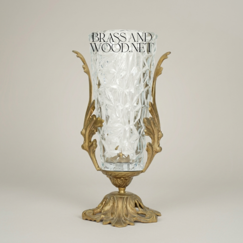 Rococo Brass Crystal Urn Vase Acanthus Scroll Handles Ornate Base Brass and Wood Antique Gold Front | Brass & Wood