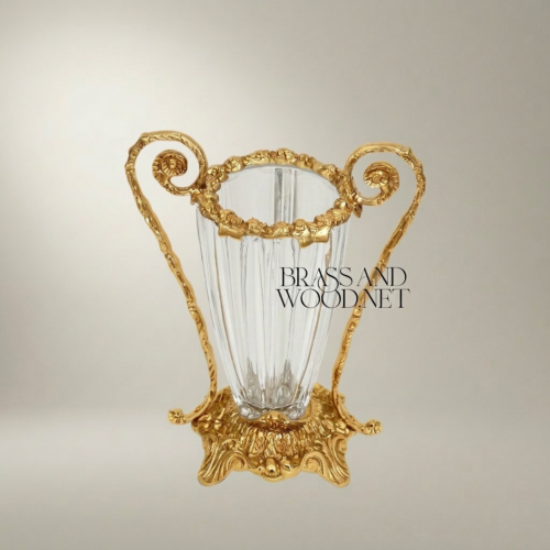 Rococo Brass Crystal Vase Scrolled Volute Handles Acanthus Base Ribbed Body Gold Side | Brass & Wood