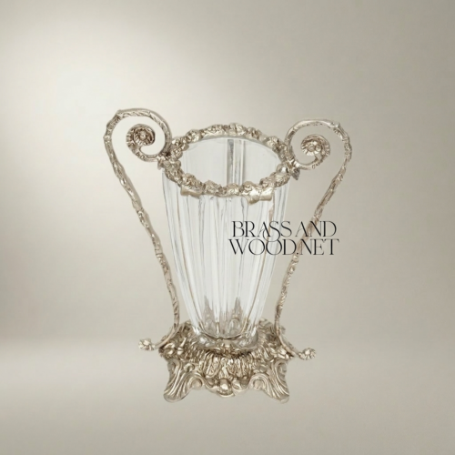 Rococo Brass Crystal Vase Scrolled Volute Handles Acanthus Base Ribbed Body Silver Side | Brass & Wood