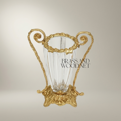 Rococo Brass Crystal Vase Scrolled Volute Handles Acanthus Base Ribbed Body Antique Gold Side | Brass & Wood