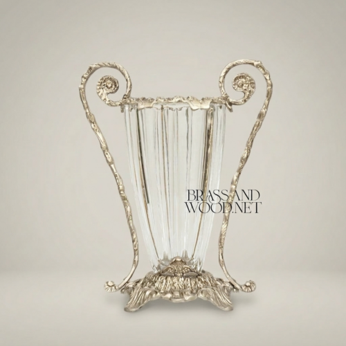 Rococo Brass Crystal Vase Scrolled Volute Handles Acanthus Base Ribbed Body Silver Side | Brass & Wood