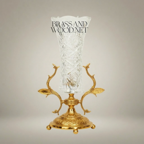Rococo Cut Crystal Trumpet Vase with Ornate Brass Foliate Branch Stand - Brass & Wood Gold Front | Brass & Wood
