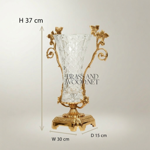 Rococo Cut-Crystal Trumpet Vase with Gilded Brass Foliate Branch Handles and Shell Base — Brass & Wood Gold Front | Brass & Wood