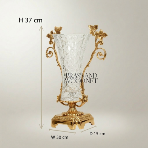 Rococo Cut-Crystal Trumpet Vase with Gilded Brass Foliate Branch Handles and Shell Base — Brass & Wood Gold Front | Brass & Wood