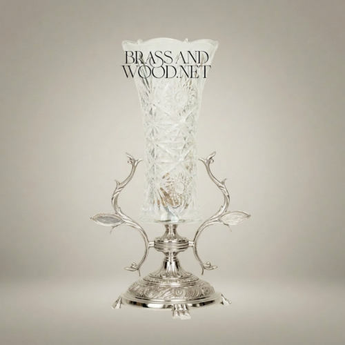 Rococo Cut Crystal Trumpet Vase with Ornate Brass Foliate Branch Stand - Brass & Wood Silver Front | Brass & Wood