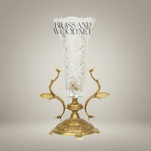 Rococo Cut Crystal Trumpet Vase with Ornate Brass Foliate Branch Stand - Brass & Wood Antique Gold Front | Brass & Wood
