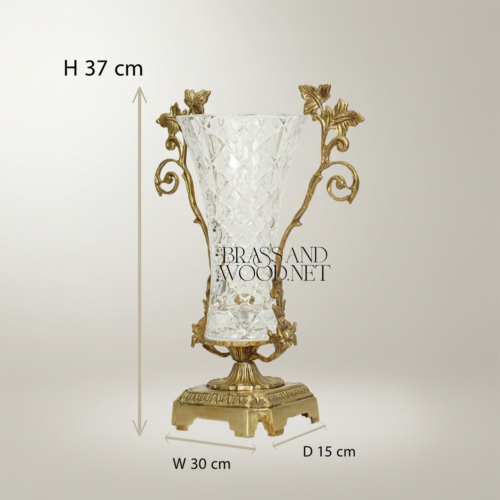 Rococo Cut-Crystal Trumpet Vase with Gilded Brass Foliate Branch Handles and Shell Base — Brass & Wood Antique Gold Front | Brass & Wood