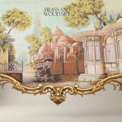 Rococo Heavily Ornate Brass Cartouche Frame with Oriental Cityscape Tapestry Brass and Wood Gold Front | Brass & Wood