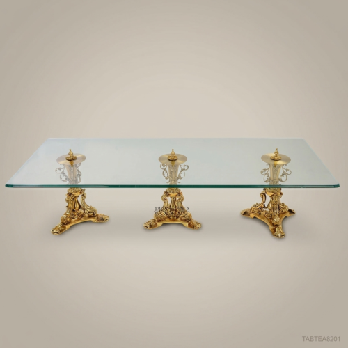 Rococo Gilded Brass Triple Pedestal Glass Coffee Table Brass & Wood Front View | Brass & Wood