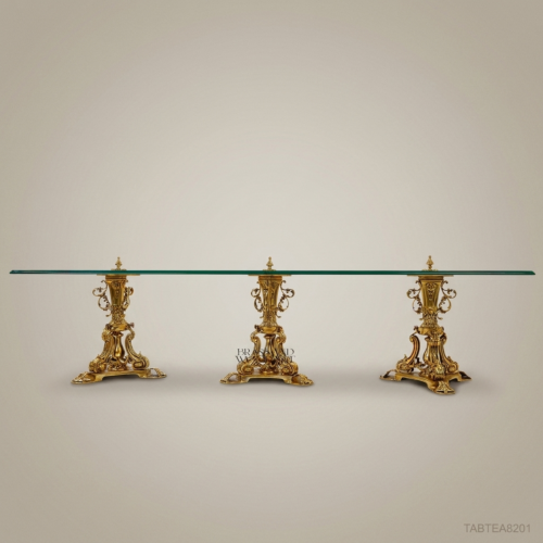 Rococo Gilded Brass Triple Pedestal Glass Coffee Table Brass & Wood Front View | Brass & Wood