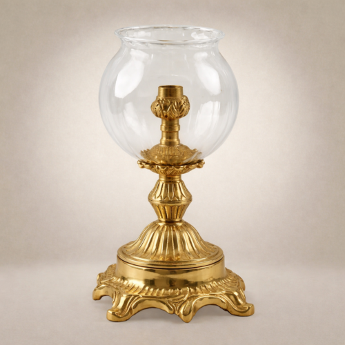Rococo Brass Hurricane Candleholder Globe Glass Shade Ornate Acanthus Base Gold Front | Brass & Wood